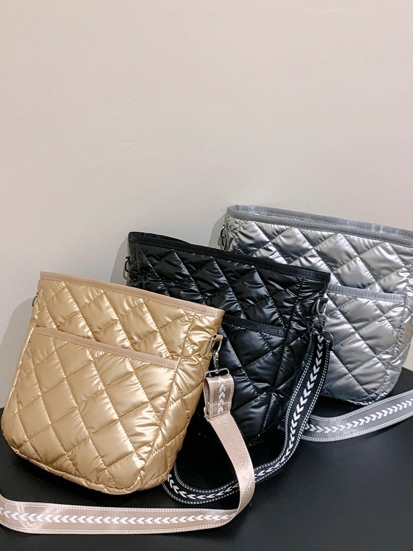 Women's Pu Leather Lingge Vintage Style Sewing Thread Bucket Zipper Shoulder Bag