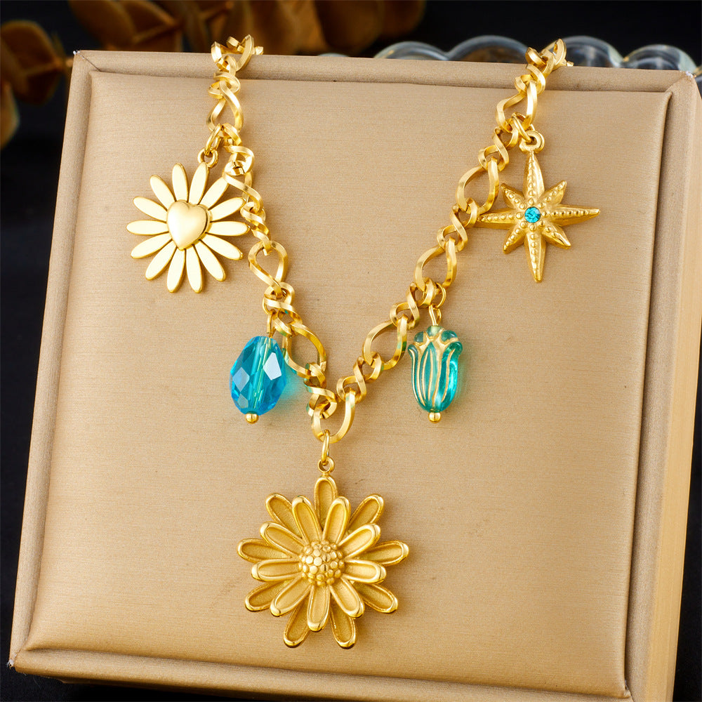 Fashion Retro Multi-Element Love Bowknot Shell Cherry Cross Eye Chain Necklace
