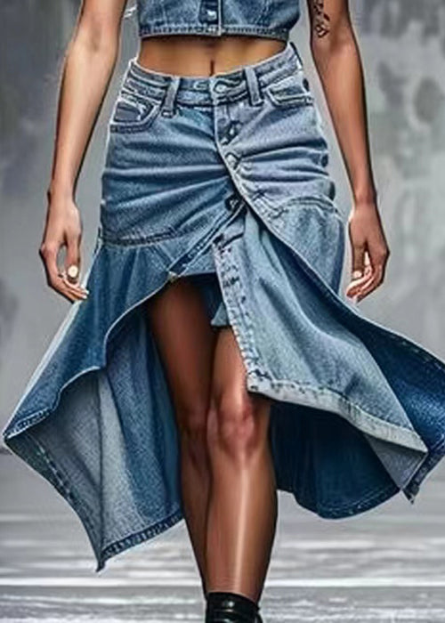 Blue Button Side Open High Waist  Skirts Summer