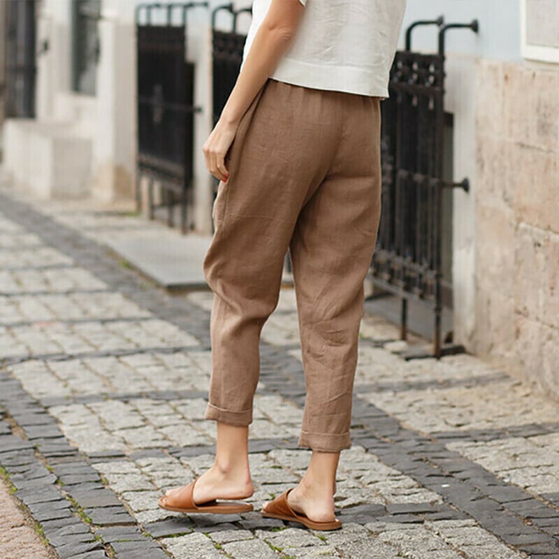 Solid Color Cotton and Linen Casual Pants with Pockets