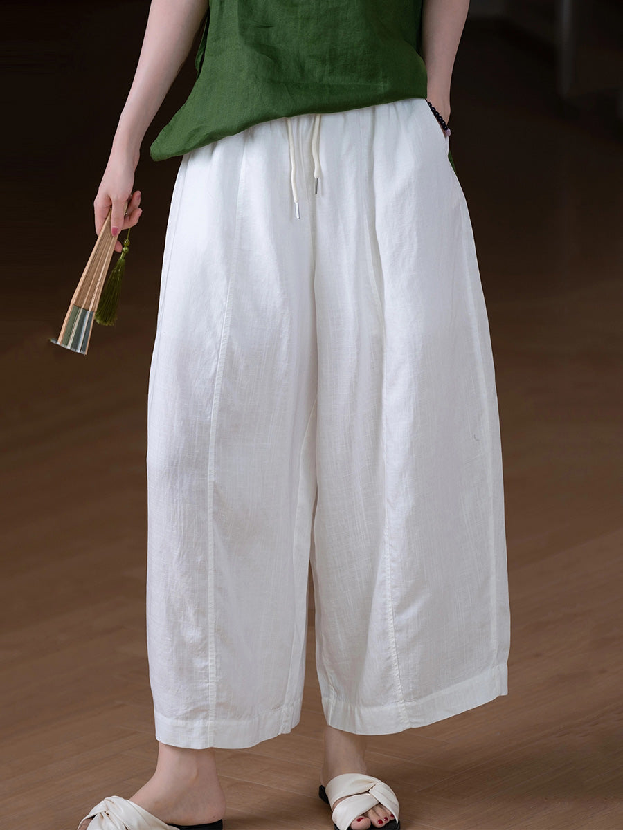 Women Summer Casual Pure Color Linen Wide-leg Pants