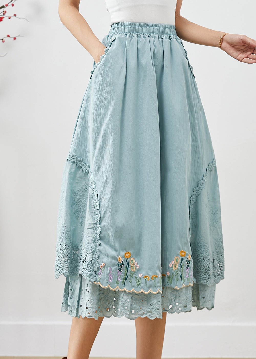 Natural Sky Blue Embroideried Patchwork Cotton Skirt Spring