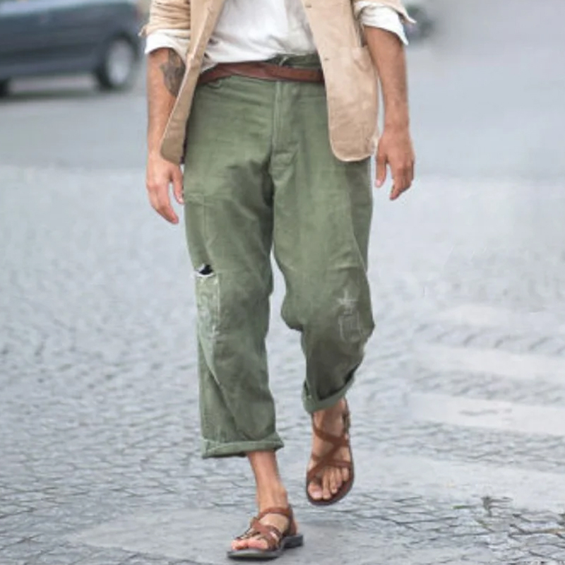 Retro Straight Cotton Linen Ripped Straight Pants