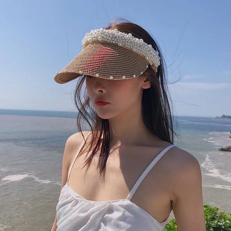 Women's Minimalist Classic Style Color Block Pearl Wide Eaves Sun Hat