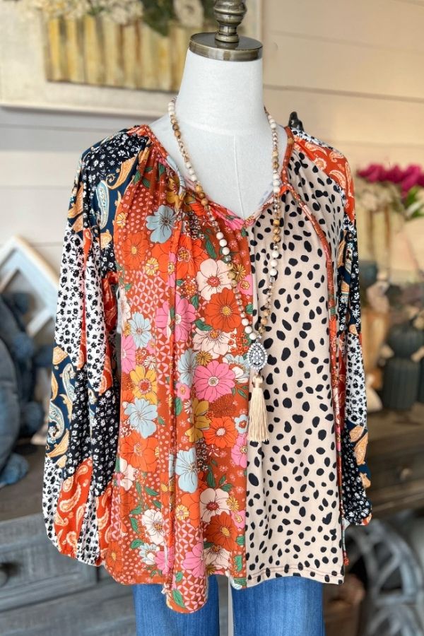 Floral Animal Patchwork Print Top