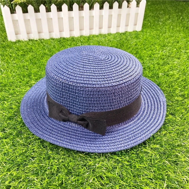 Straw Hat Shading Hat Summer Flat-brimmed Bow Straw Flat Top Hat