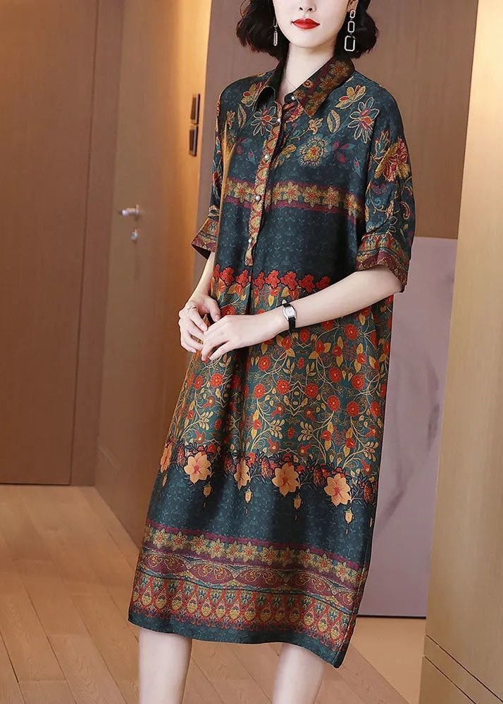 Peter Pan Collar Print Silk Maxi Dresses Summer