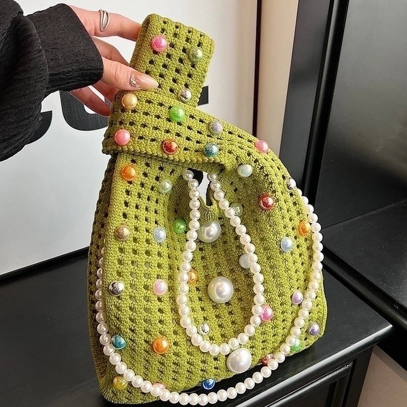 Women's Medium Knit Solid Color Cute Pearls Open Straw Bag