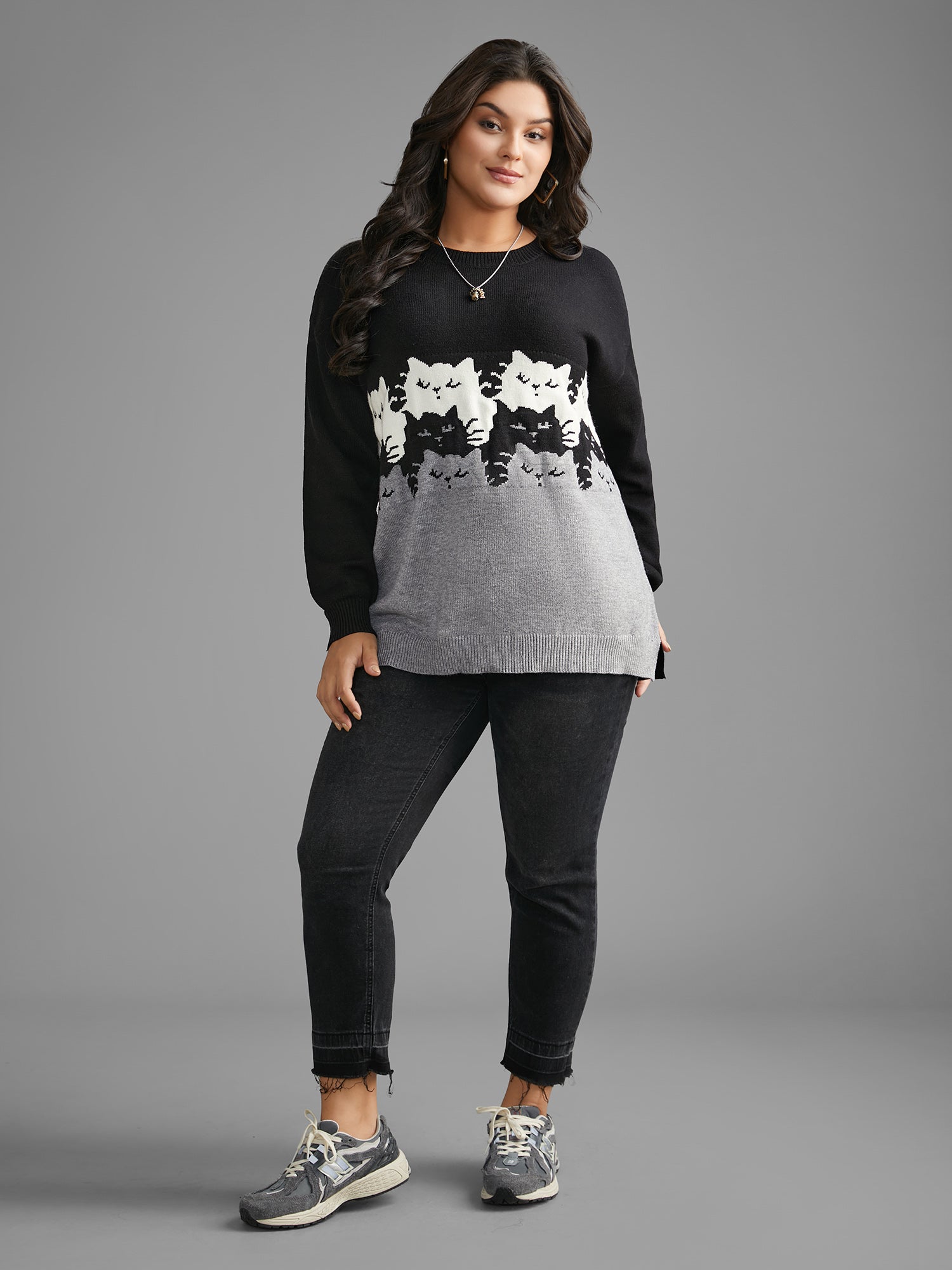 Cat Contrast Drop Shoulder Pullover