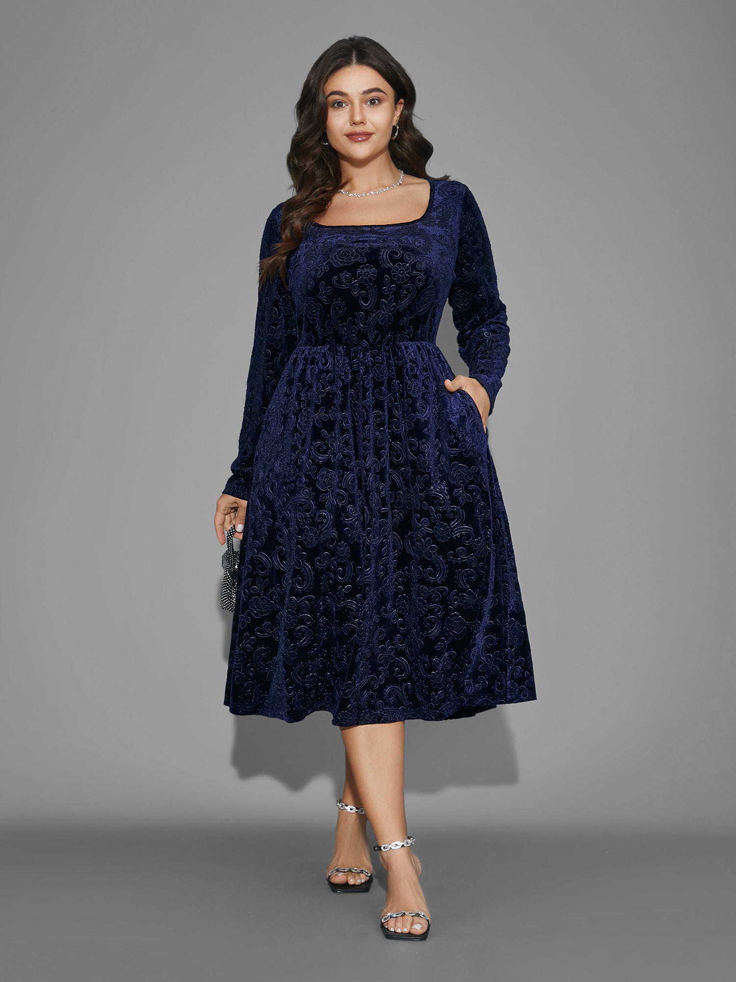 Square Neck Floral Velvet Midi Dress