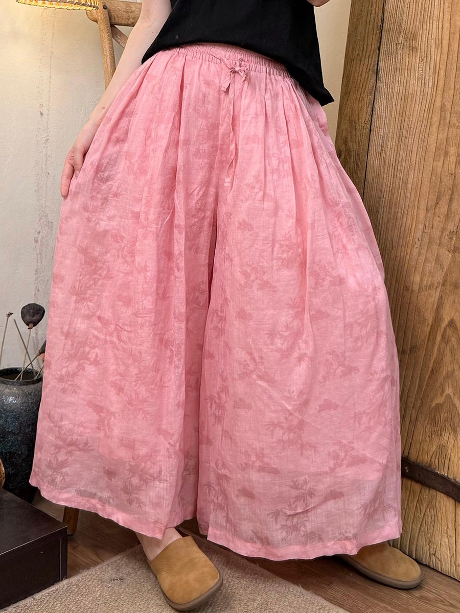 Women Summer Retro Print Ramie Wide-leg Pants