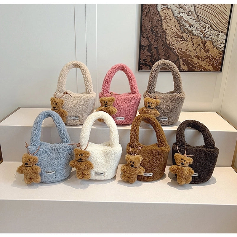 Women's Plush Solid Color Cute Bucket Magnetic Buckle Shoulder Bag Handbag Crossbody Bag