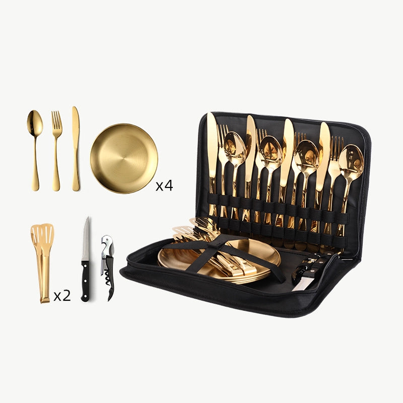 Outdoor Travel Stainless Steel Tableware Camping Picnic Barbecue Plate Clip Steak Knife. Fork And Spoon Suit Portable Storage Bag