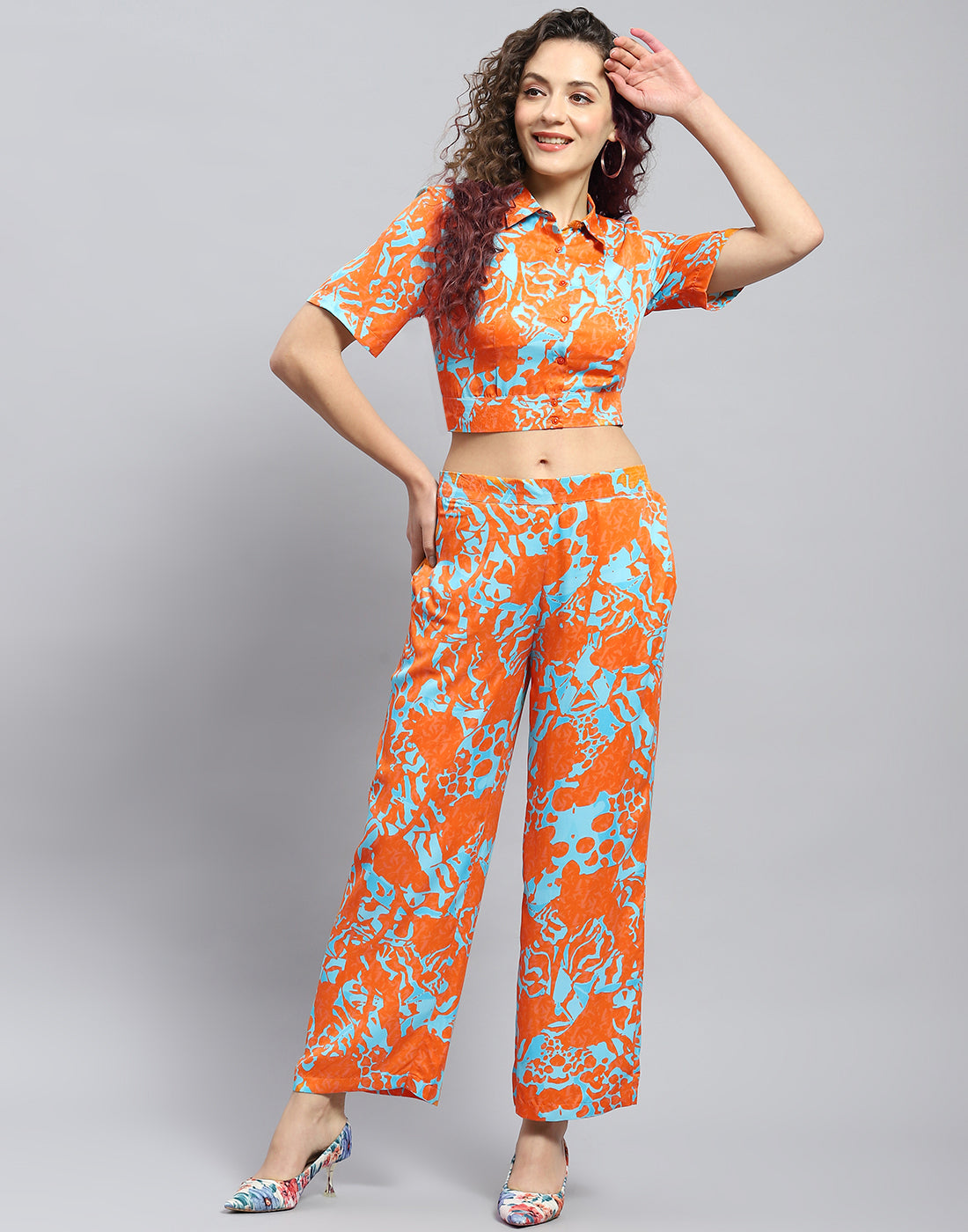 Women Rust Printed Collar Half Sleeve Cords Set