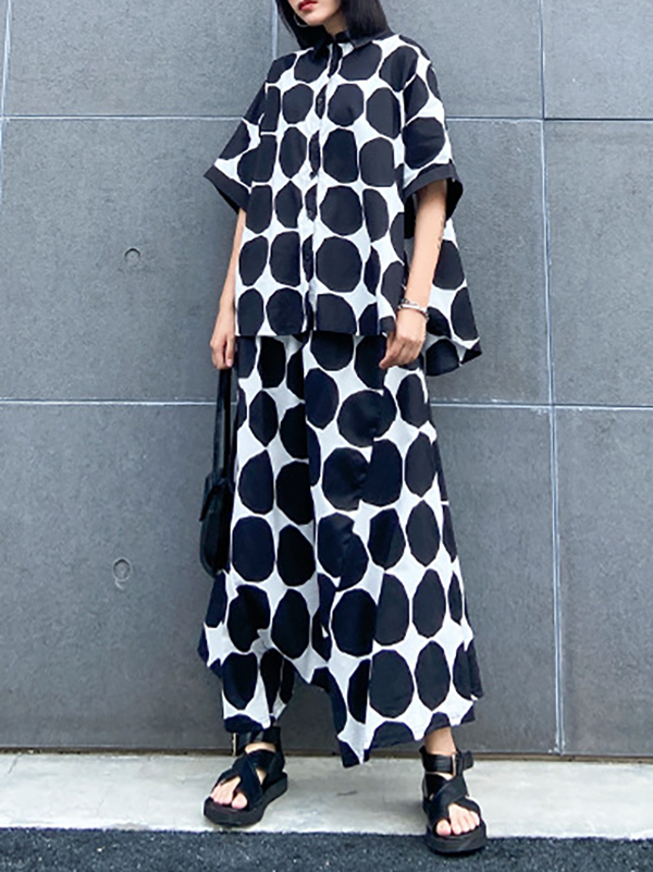Batwing Sleeves Buttoned Polka-Dot Round-Neck Shirts Top + Elasticity Pockets Harem Pants Pants Bottom Two Pieces Set