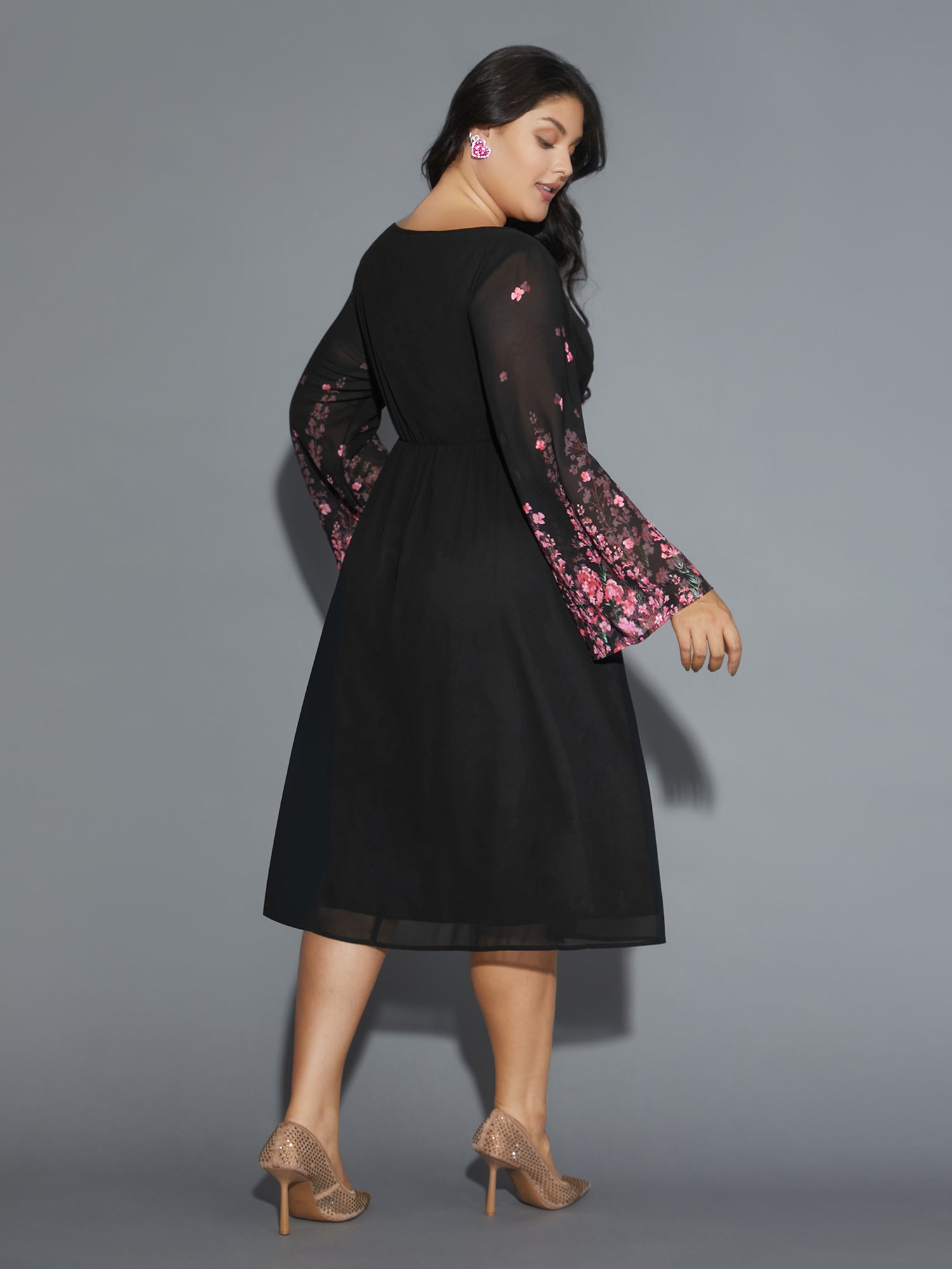 Floral Mesh Bell Sleeve Boat Neck Dress