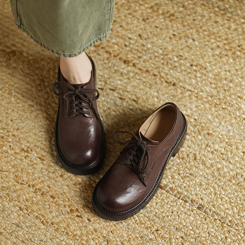 50mm Heel Vintage Waxed Cow Leather Chunky Oxford Shoes in Black/Brown