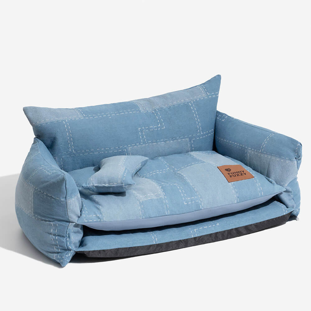 Denim Patchwork Style Pet Double Layer Sofa Dog Sofa Bed