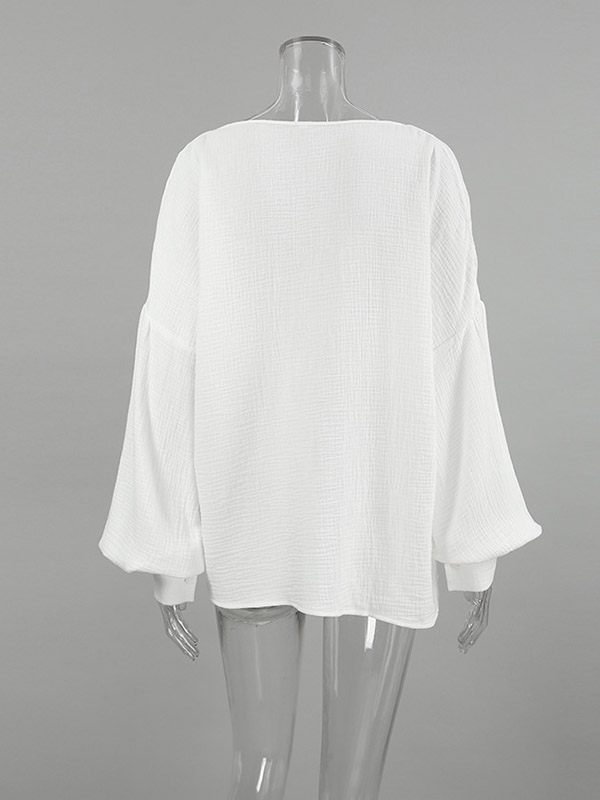 Loose Puff Sleeves Pleated Solid Color Split-Joint V-Neck Blouses&Shirts Tops