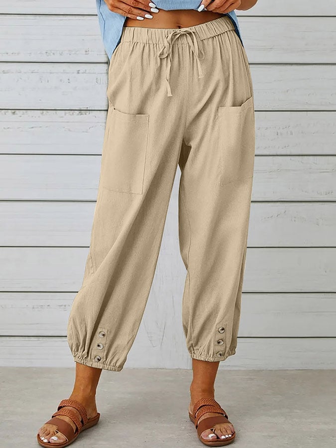 Solid Color Casual With Pocket Buttons Cotton Linen Trousers