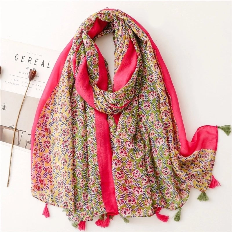 Yarn Cotton Fruit Green Bright Yellow Leaf Printing Tassel Scarf Shawl