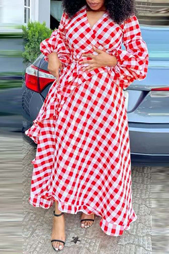 Vintage Lantern Sleeve Plaid Maxi Dresses