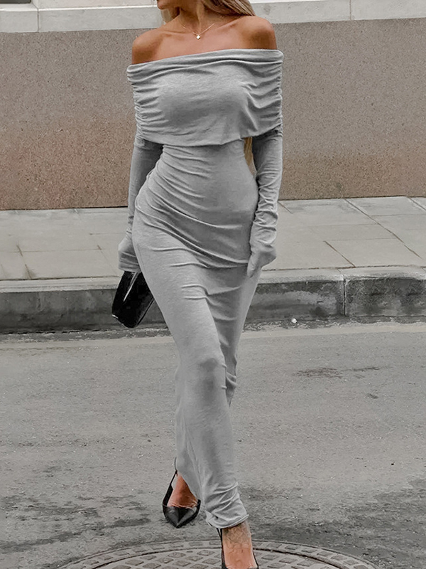 Long Sleeves Skinny Pleated Solid Color Split-Joint Off-The-Shoulder Evening Dresses Maxi Dresses