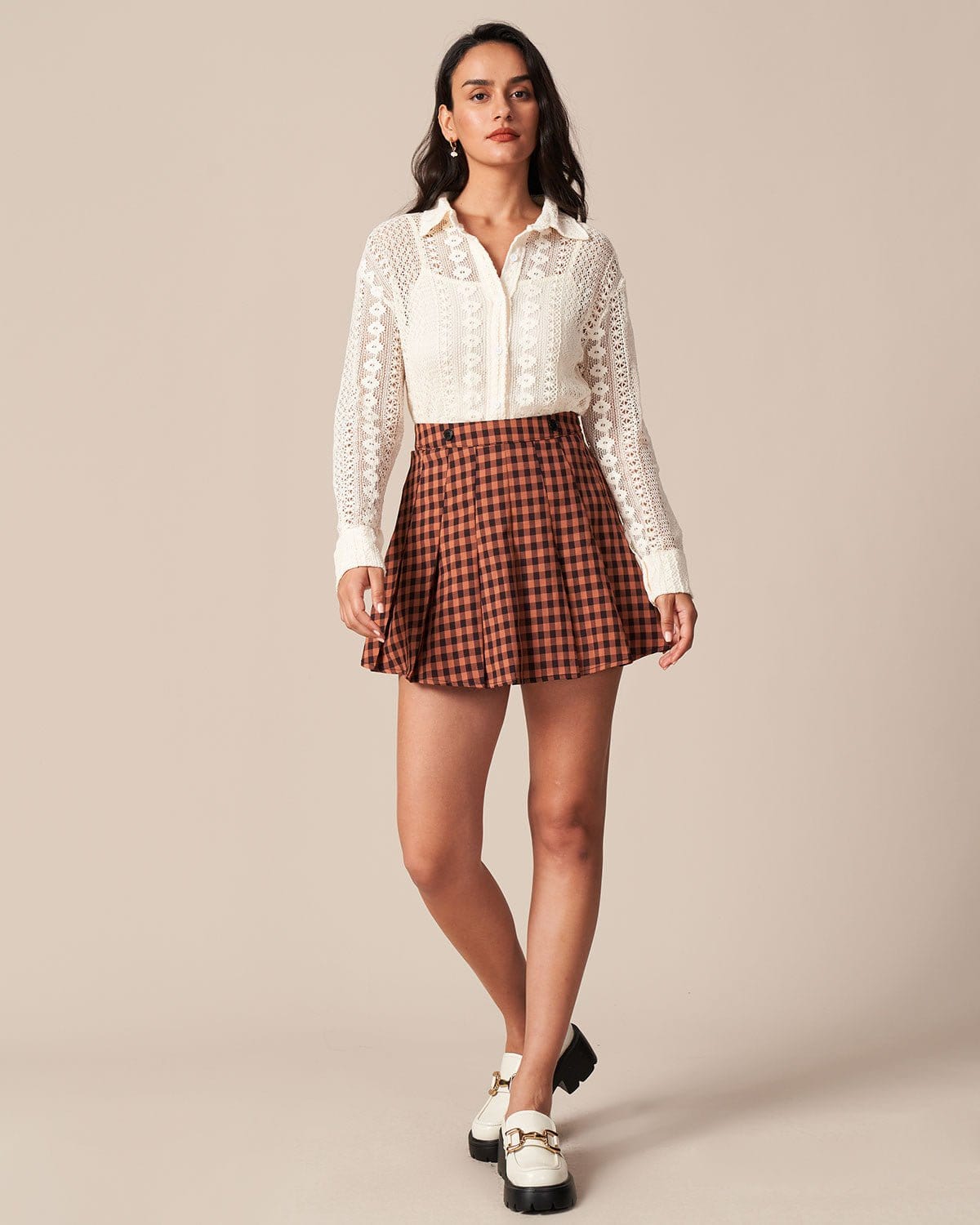 The Brown High Waist Pleated Plaid Mini Skirt
