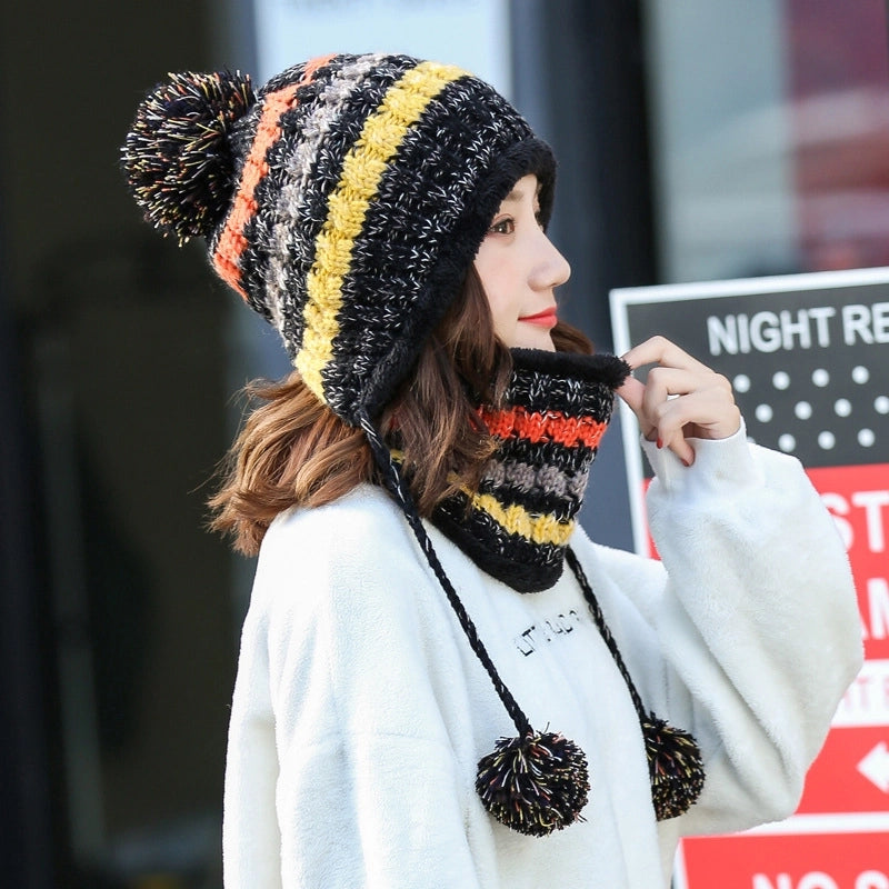 Women's Autumn And Winter Knitted Wool Hat  Fleece-lined Pullover Warm Scarf Hat Two-piece Suit Fashion Hair Generation