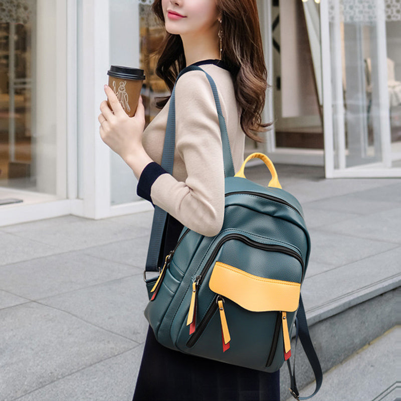 Contrast Color  Soft Leather Travel Backpack