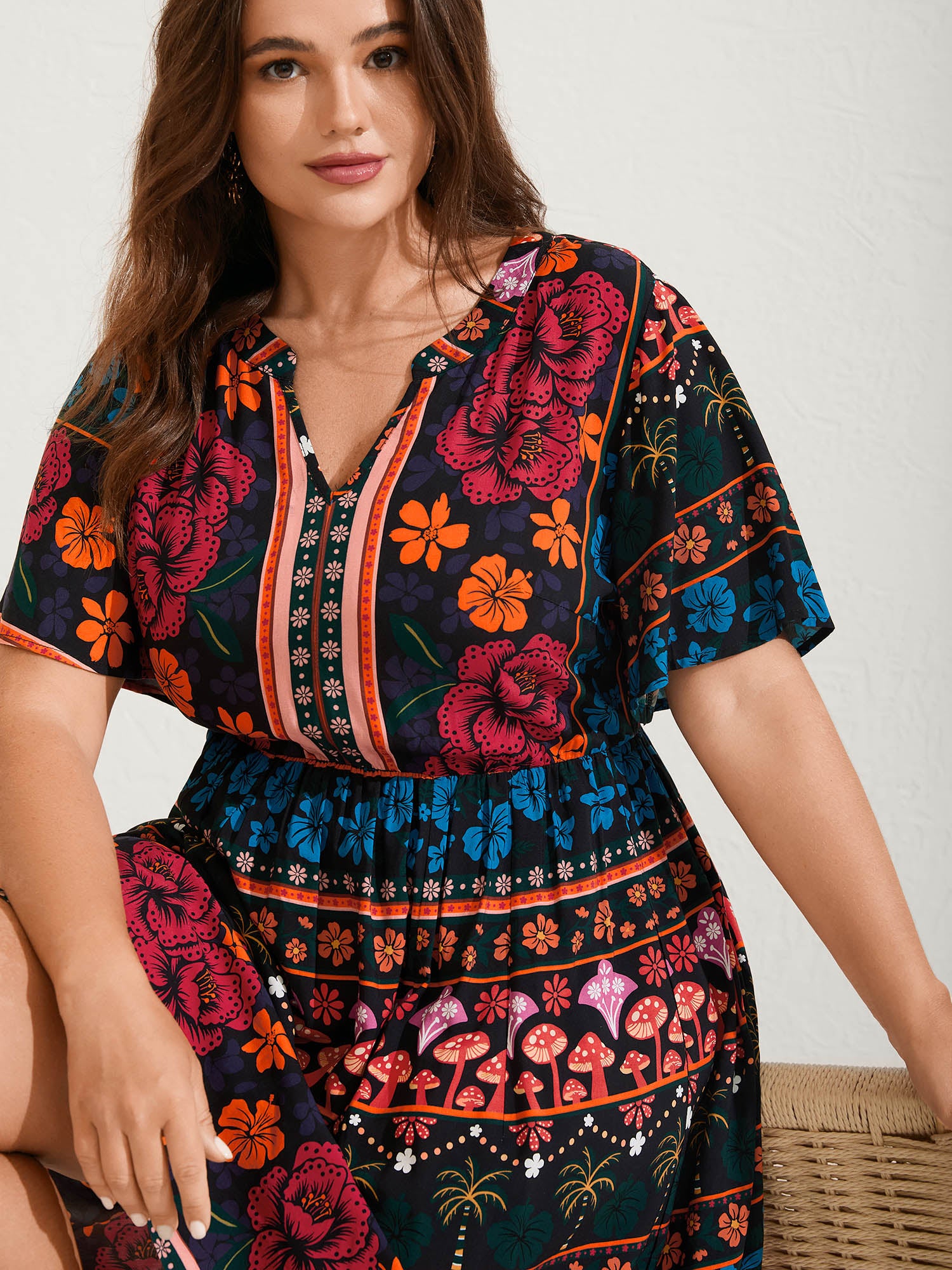 Boho Floral Print Notched Collar Midi Dress