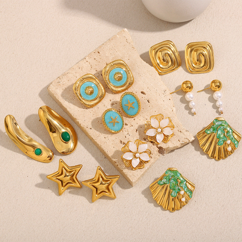 Personalized Fashion Stainless Steel 18K Gold Plated Oil Drop Shell Pearl Flower Five-Pointed Star Earrings