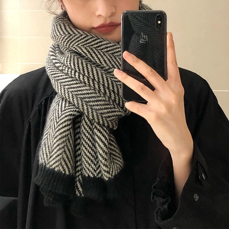 New Scarf Women's Winter Contrast Color Herringbone Pattern Knitted  Fashion Couple Color Matching Knitted Thickened Warm Scarf