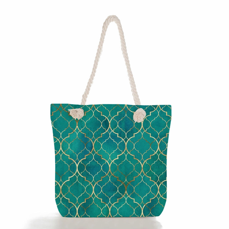 Women's Medium Canvas Geometric Flower Basic Classic Style Square Zipper Tote Bag