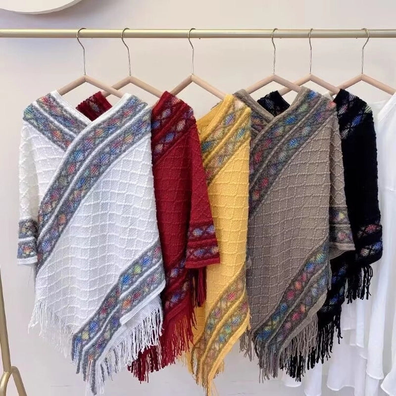 Rainbow Plaid Ethnic Style Cashmere-like Tassel Knitted Shawl For Women New Versatile Travel Warm Pullover Cape Manufacturer