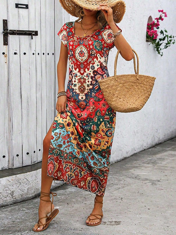 A-Line Loose Contrast Color Flower Print Split-Side U-Neck Maxi Dresses