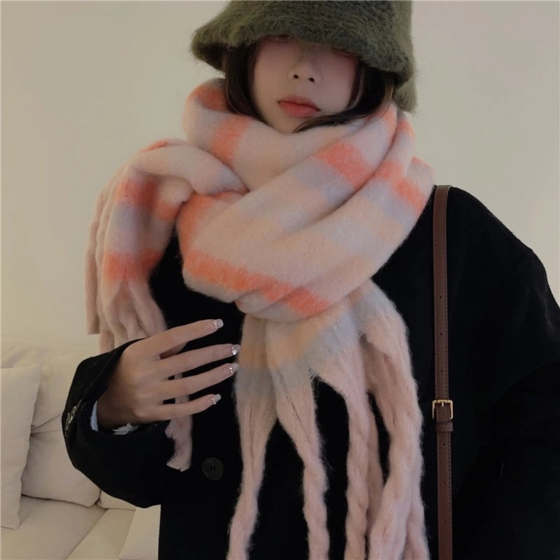 Brown Striped Scarf Women's Autumn And Winter  Trendy Winter Warm Imitation Cashmere Windproof Scarf For Students