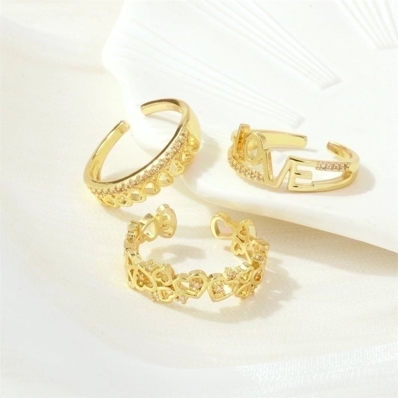 Luxurious Letter Heart Shape Copper 18k Gold Plated Zircon Open Rings In Bulk