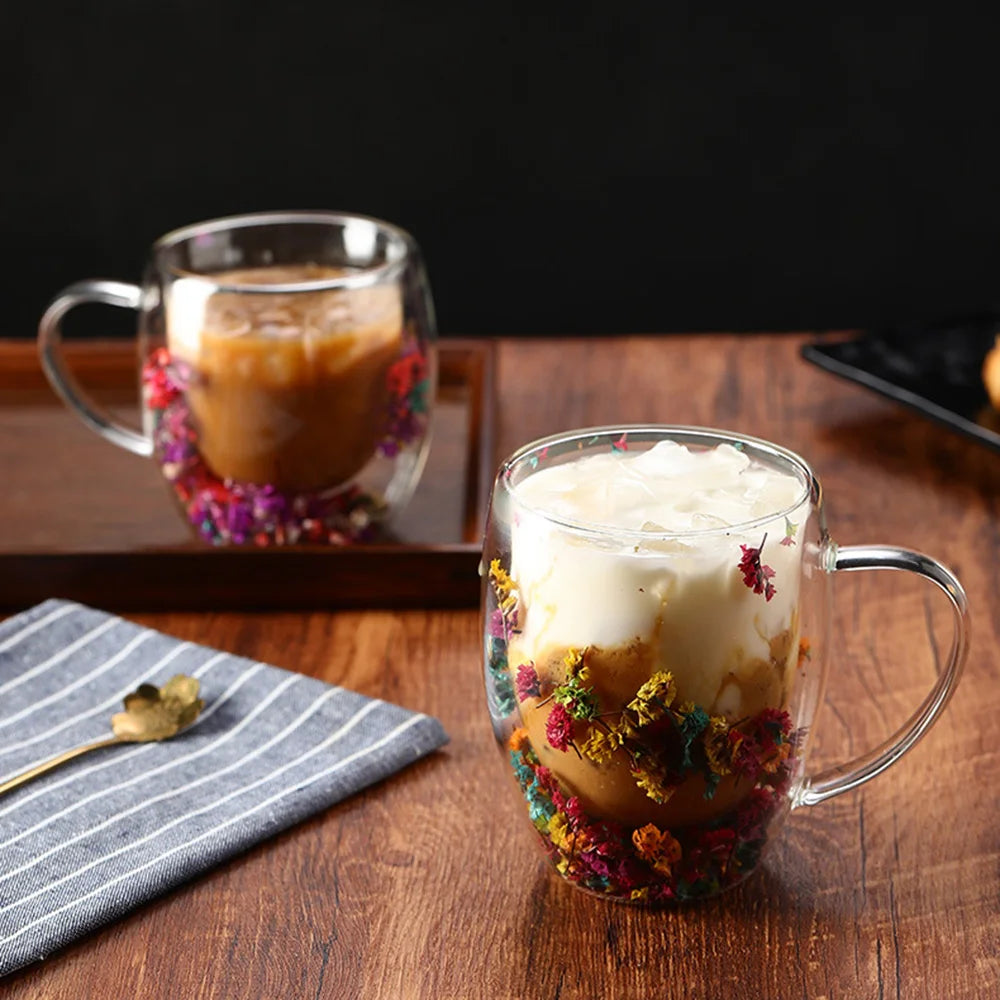 DRIED FLOWER DOUBLE WALL GLASS MUG - 350ML