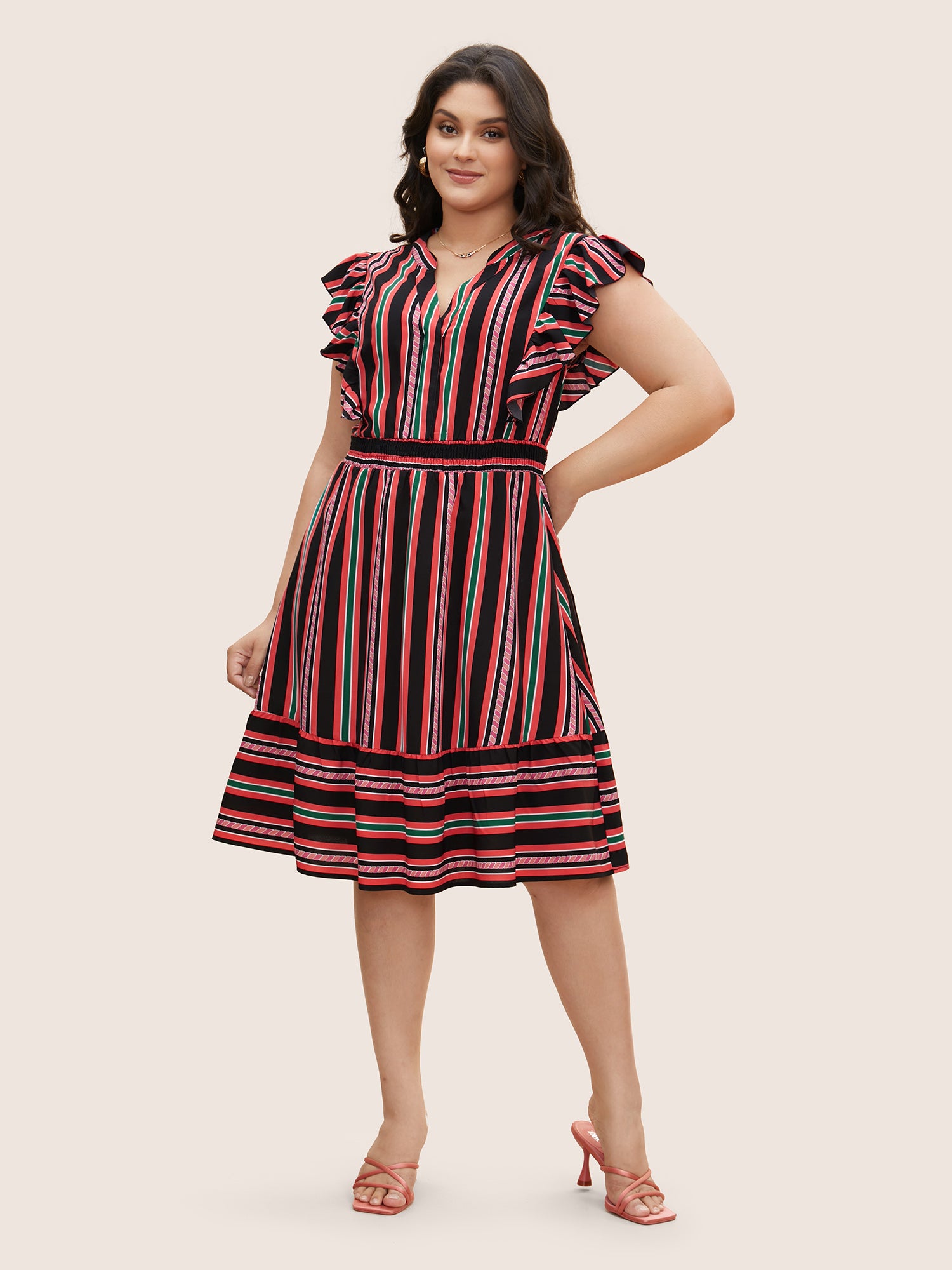 Contrast Striped Ruffle Cap Sleeve Dress