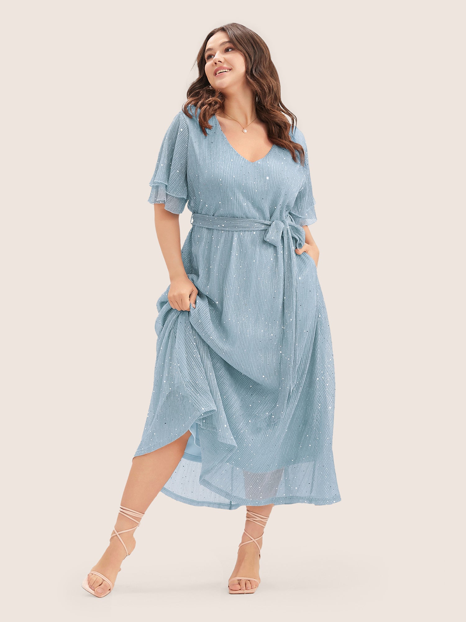 Plain V Neck Mesh Pocket Ruffle Tiered Belted Midi Dress