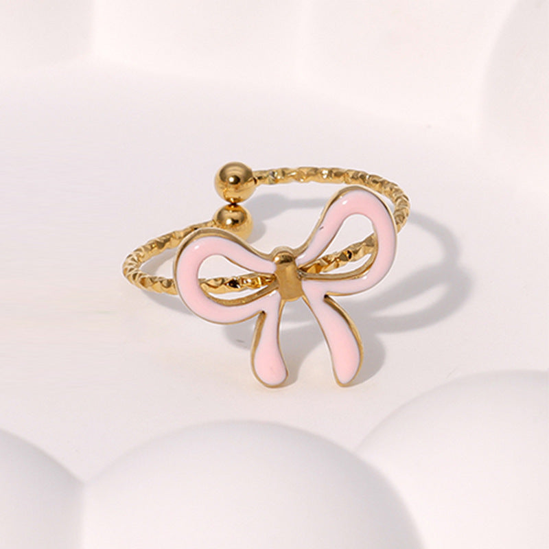 Fashionable Simple Cute Sweet Ins-Style Gold-Plated Bow-Knot Open Stainless Steel Ring Jewelry For Women