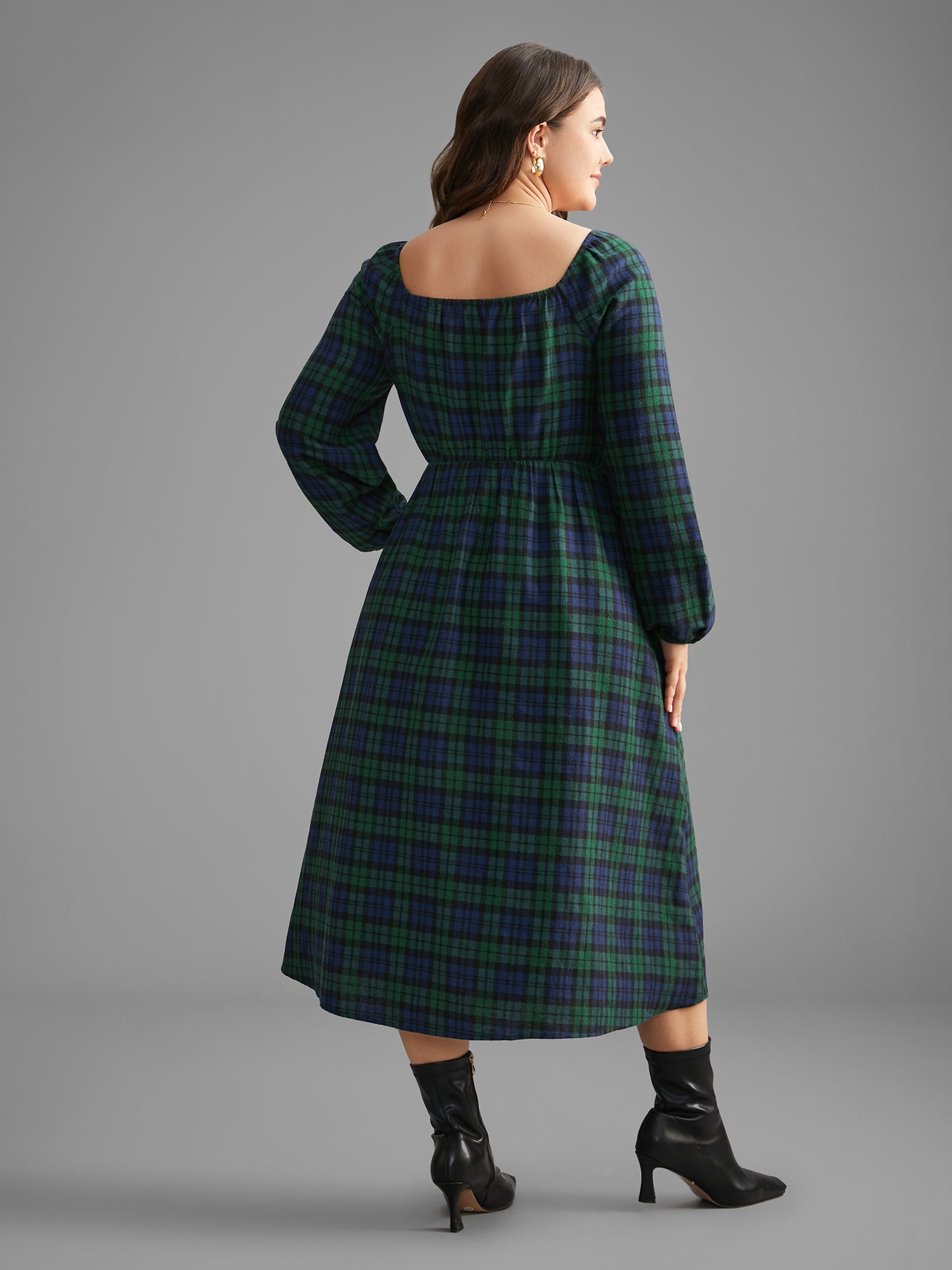 Plaid Square Neck Shirred Midi Dress