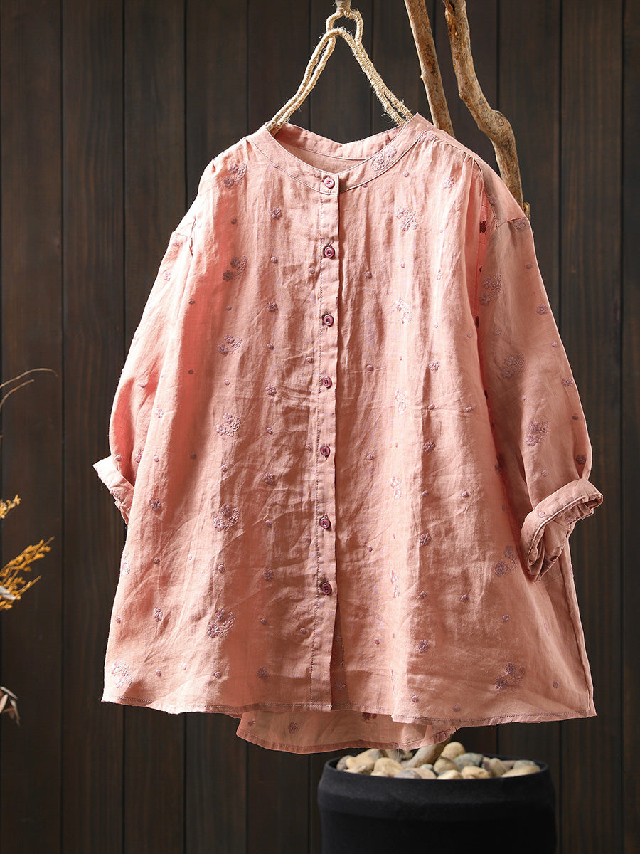 Women Summer Embroidery 100%Ramie Stand Collar Shirt