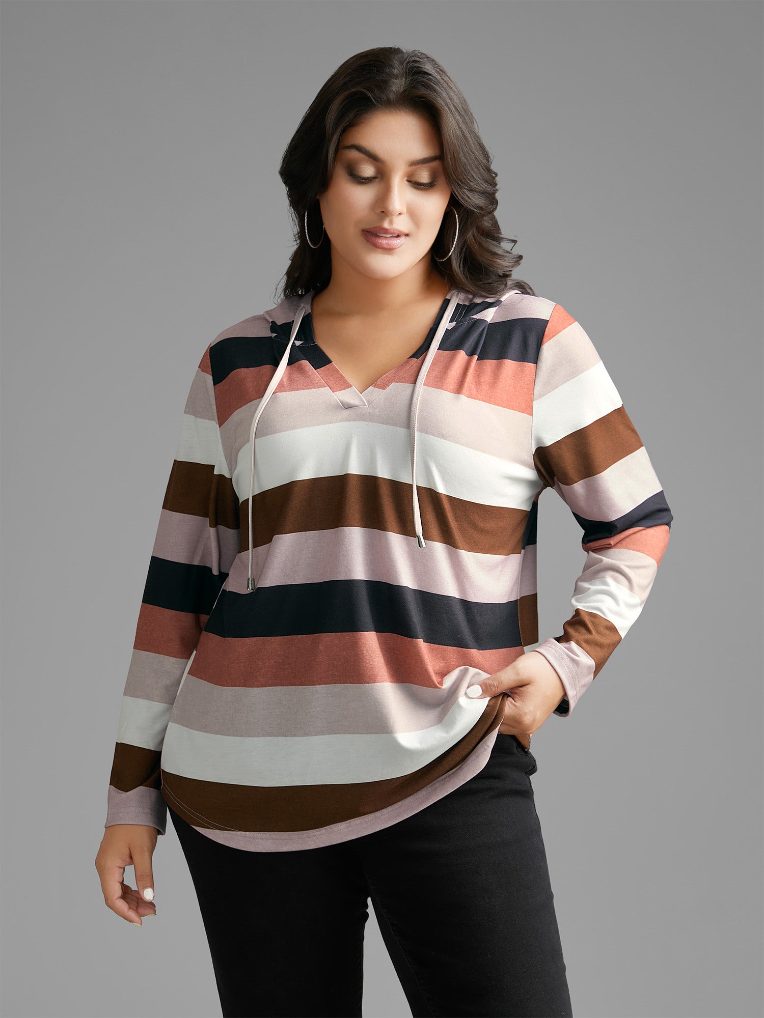 Contrast Striped Hooded Drawstring T-shirt