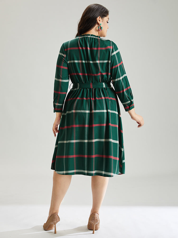 Plaid Stand Collar Gathered Belted Dress