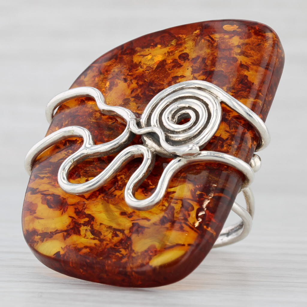 Amber Abstract Statement Ring Sterling Silver Size 10 Artisan