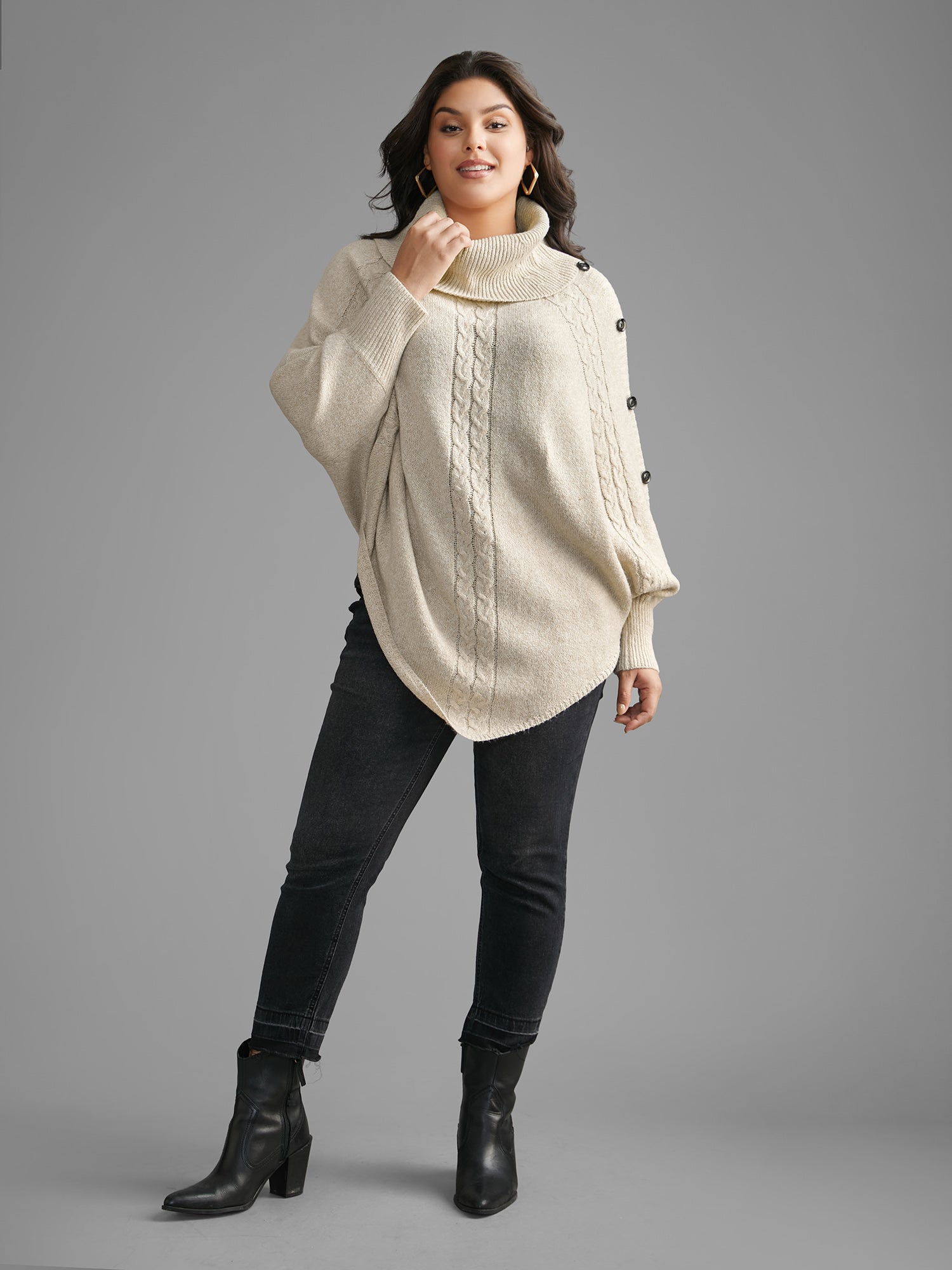 Turtleneck Cable Knit Asymmetrical Hem Pullover