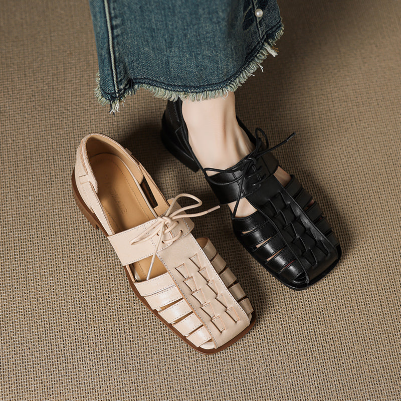 Designer Lace-Up Genuine Leather T-Strap Gladiator Fisherman Sandals for Women in Apricot/Black