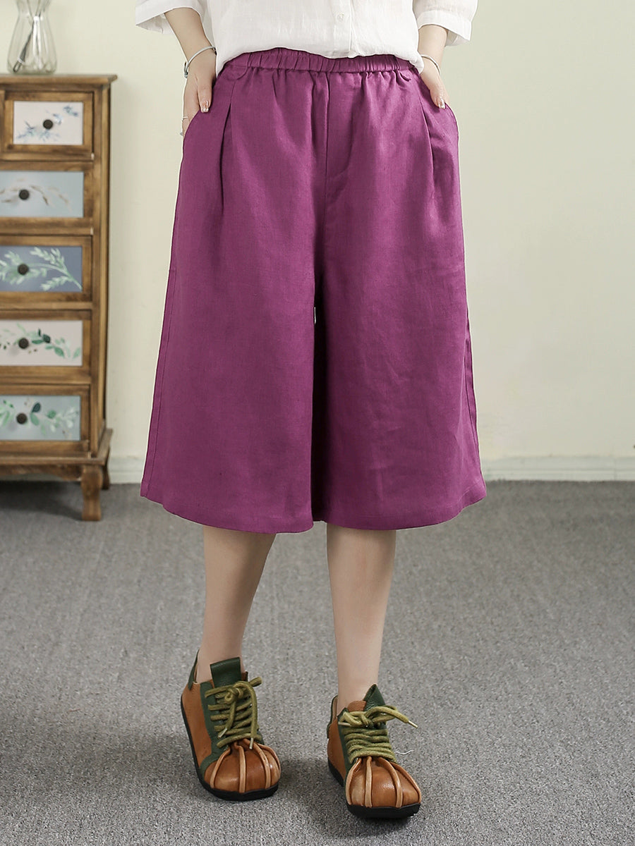 Women Summer Pure Color 100%Linen Wide-leg Fifth Pants